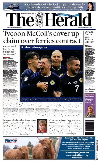 The Herald Newspaper Front Page (UK) for 21 June 2023