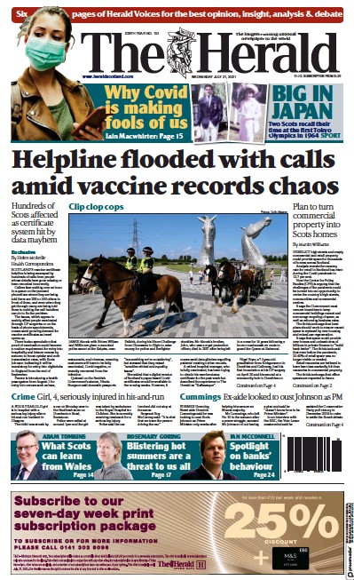 The Herald Newspaper Front Page (UK) for 21 July 2021