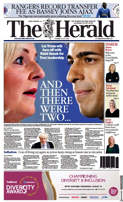 The Herald Newspaper Front Page (UK) for 21 July 2022