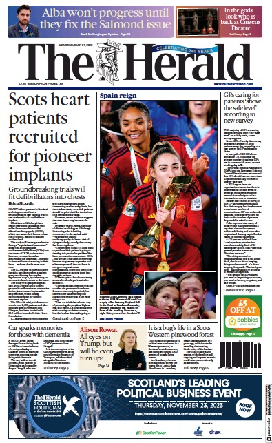 The Herald Newspaper Front Page (UK) for 21 August 2023