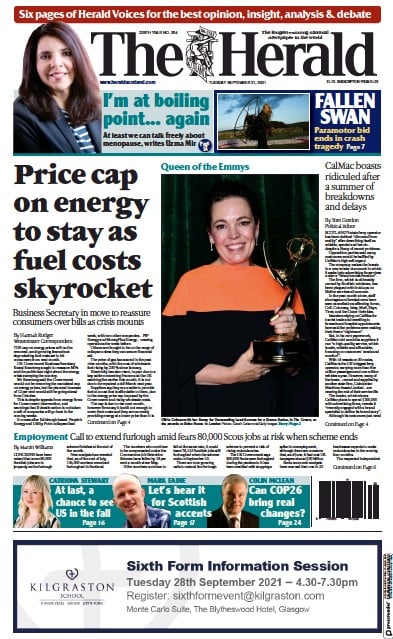 The Herald Newspaper Front Page (UK) for 21 September 2021