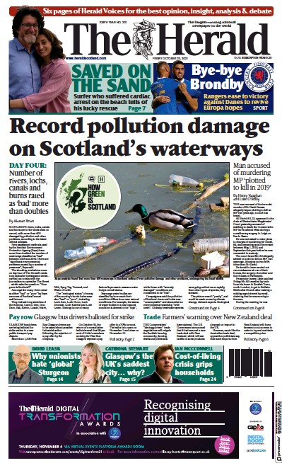 The Herald Newspaper Front Page (UK) for 22 October 2021