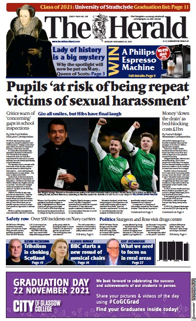 The Herald Newspaper Front Page (UK) for 22 November 2021