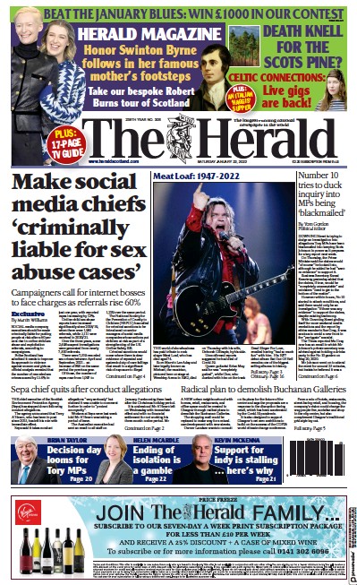 The Herald Newspaper Front Page (UK) for 22 January 2022