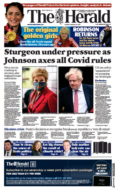 The Herald Newspaper Front Page (UK) for 22 February 2022