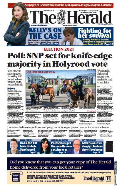 The Herald Newspaper Front Page (UK) for 22 March 2021