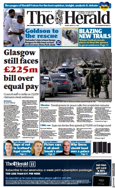 The Herald Newspaper Front Page (UK) for 22 March 2022