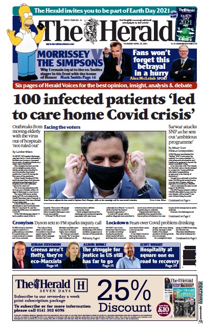 The Herald Newspaper Front Page (UK) for 22 April 2021