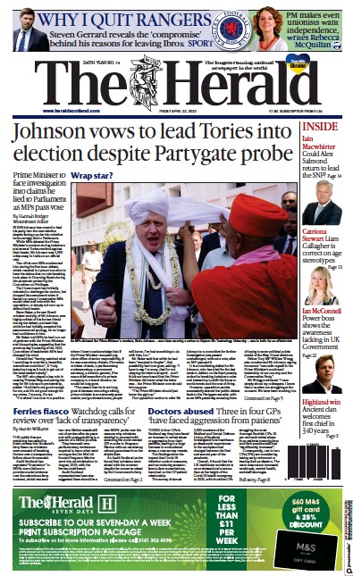 The Herald Newspaper Front Page (UK) for 22 April 2022