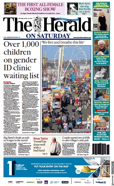 The Herald Newspaper Front Page (UK) for 22 April 2023