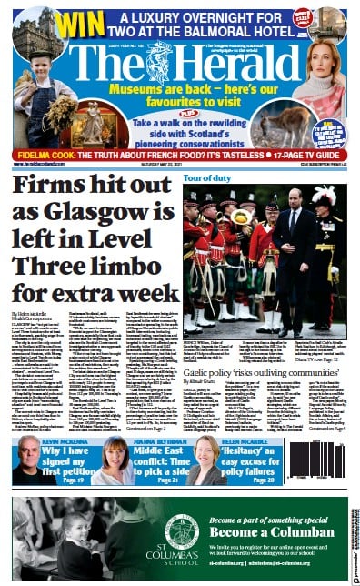 The Herald Newspaper Front Page (UK) for 22 May 2021