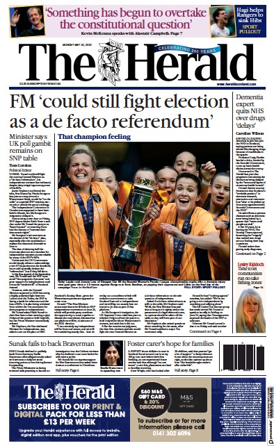 The Herald Newspaper Front Page (UK) for 22 May 2023
