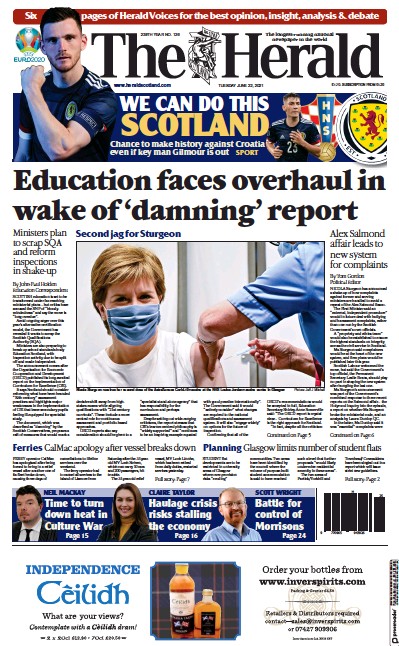 The Herald Newspaper Front Page (UK) for 22 June 2021