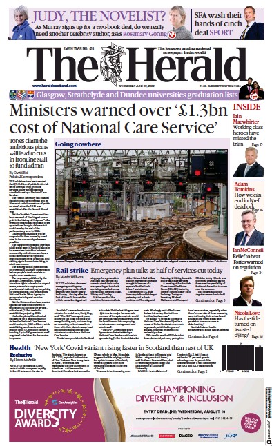 The Herald Newspaper Front Page (UK) for 22 June 2022