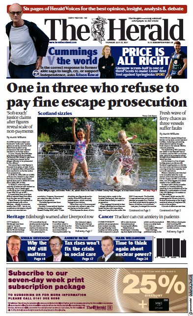 The Herald Newspaper Front Page (UK) for 22 July 2021
