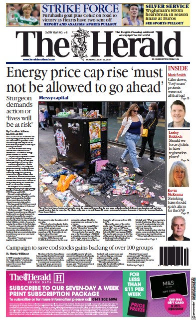 The Herald Newspaper Front Page (UK) for 22 August 2022