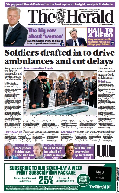 The Herald Newspaper Front Page (UK) for 22 September 2021
