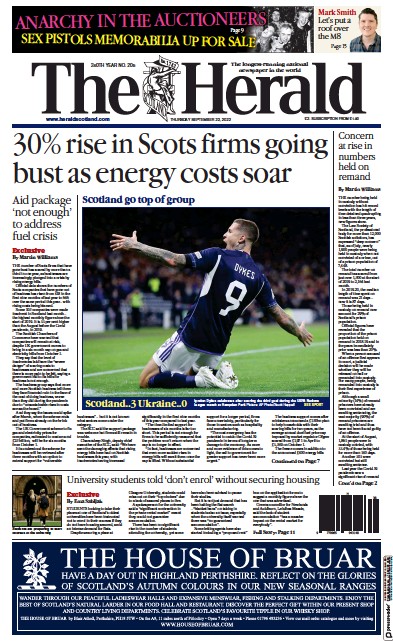 The Herald Newspaper Front Page (UK) for 22 September 2022