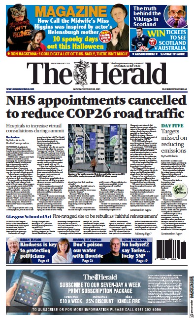 The Herald Newspaper Front Page (UK) for 23 October 2021
