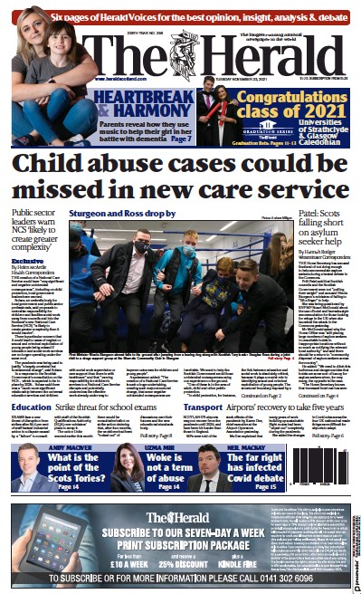 The Herald Newspaper Front Page (UK) for 23 November 2021