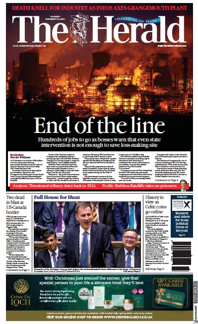 The Herald Newspaper Front Page (UK) for 23 November 2023