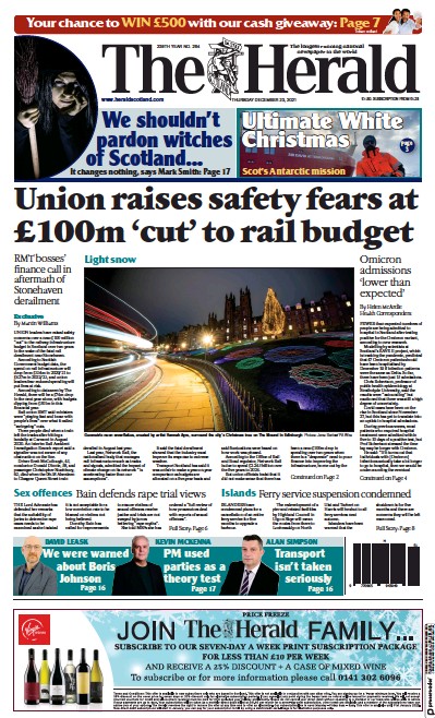 The Herald Newspaper Front Page (UK) for 23 December 2021