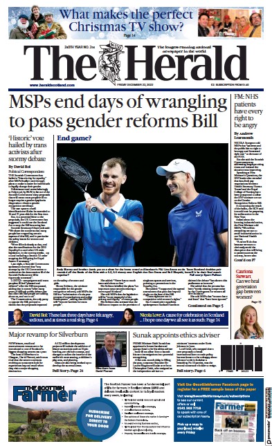 The Herald Newspaper Front Page (UK) for 23 December 2022