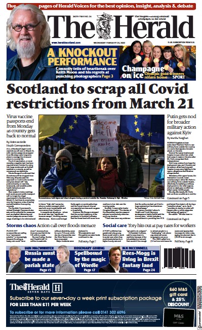 The Herald Newspaper Front Page (UK) for 23 February 2022