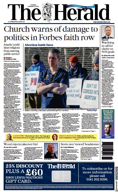 The Herald Newspaper Front Page (UK) for 23 February 2023