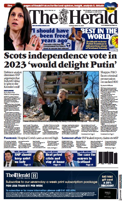The Herald Newspaper Front Page (UK) for 23 March 2022
