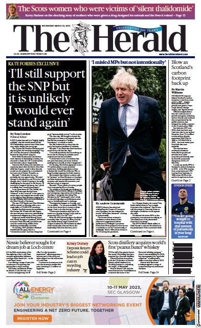 The Herald Newspaper Front Page (UK) for 23 March 2023