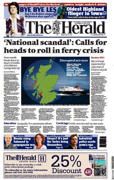 The Herald Newspaper Front Page (UK) for 23 April 2021