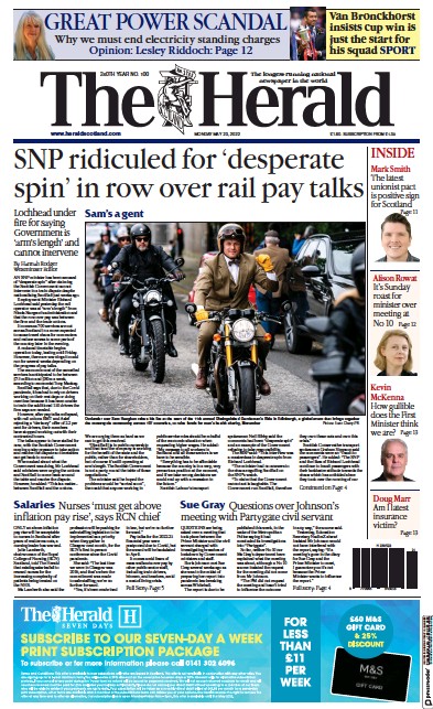 The Herald Newspaper Front Page (UK) for 23 May 2022