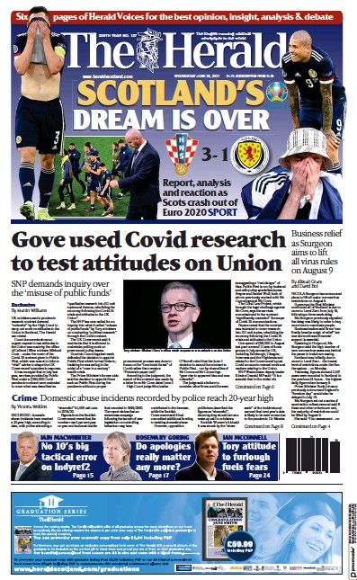 The Herald Newspaper Front Page (UK) for 23 June 2021