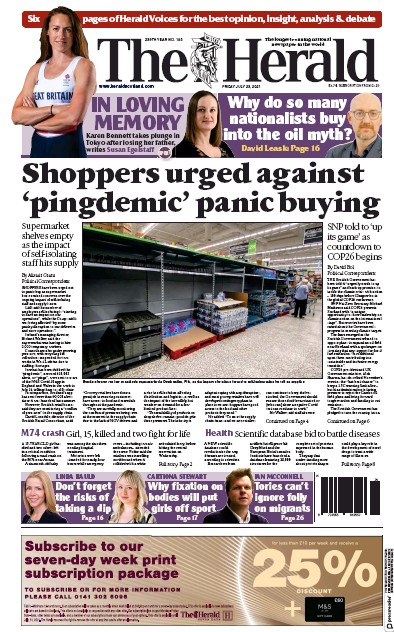 The Herald Newspaper Front Page (UK) for 23 July 2021