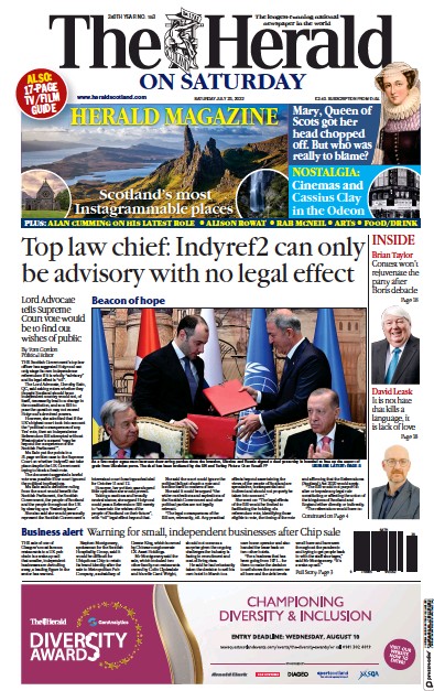 The Herald Newspaper Front Page (UK) for 23 July 2022