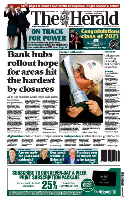 The Herald Newspaper Front Page (UK) for 23 August 2021
