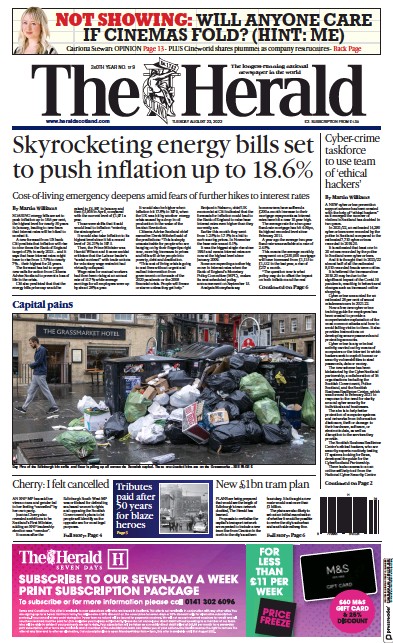 The Herald Newspaper Front Page (UK) for 23 August 2022