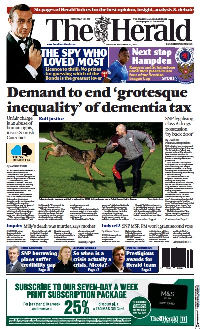 The Herald Newspaper Front Page (UK) for 23 September 2021