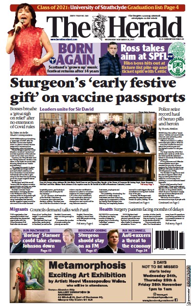 The Herald Newspaper Front Page (UK) for 24 November 2021