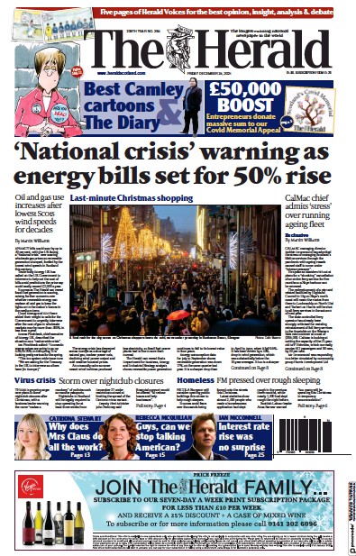 The Herald Newspaper Front Page (UK) for 24 December 2021