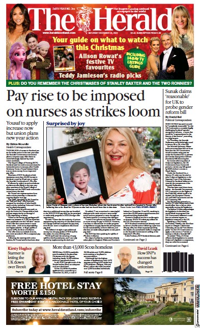 The Herald Newspaper Front Page (UK) for 24 December 2022