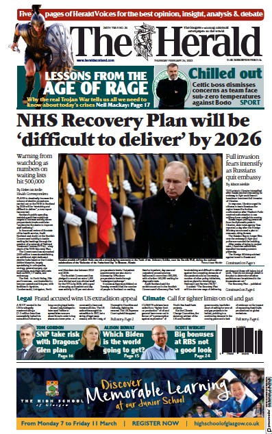 The Herald Newspaper Front Page (UK) for 24 February 2022