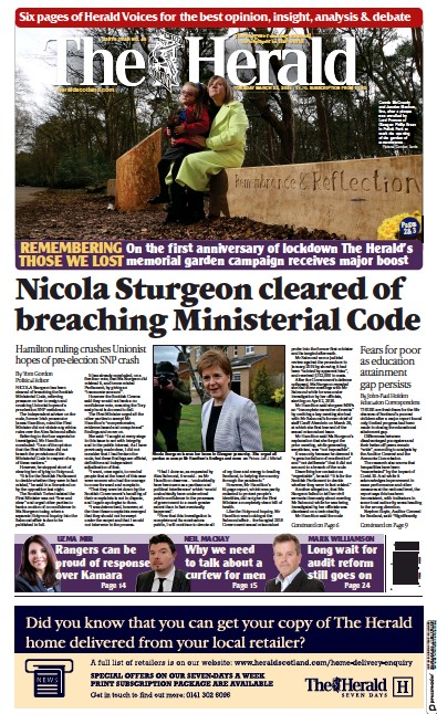 The Herald Newspaper Front Page (UK) for 24 March 2021