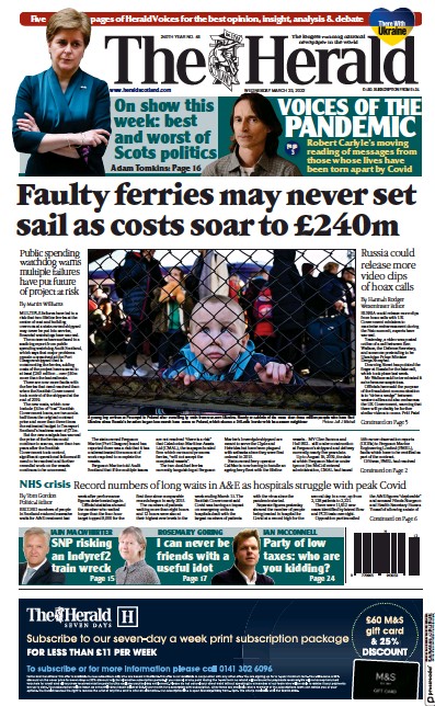 The Herald Newspaper Front Page (UK) for 24 March 2022