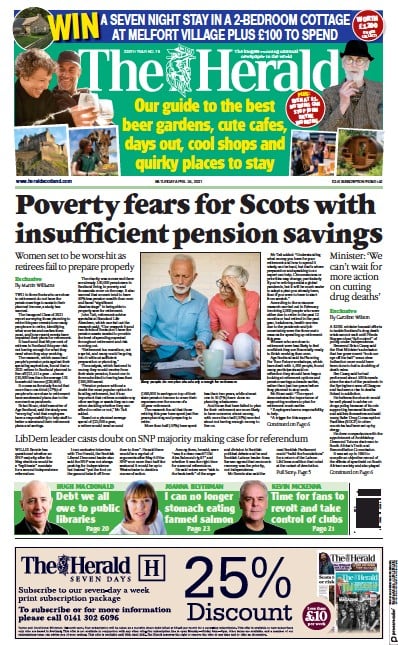 The Herald Newspaper Front Page (UK) for 24 April 2021