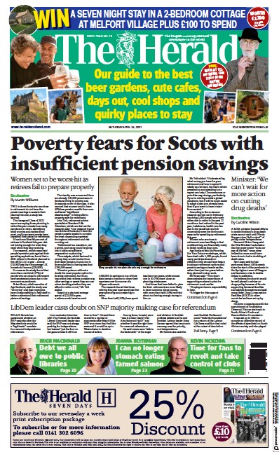 The Herald Newspaper Front Page (UK) for 24 April 2021