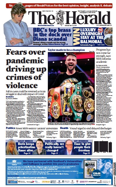 The Herald Newspaper Front Page (UK) for 24 May 2021