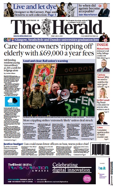 The Herald Newspaper Front Page (UK) for 24 June 2022