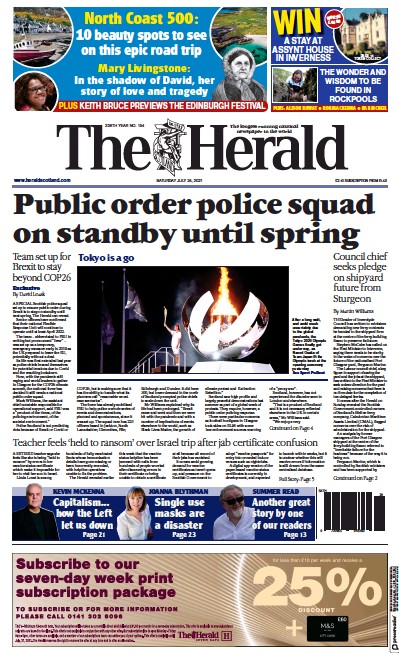 The Herald Newspaper Front Page (UK) for 24 July 2021